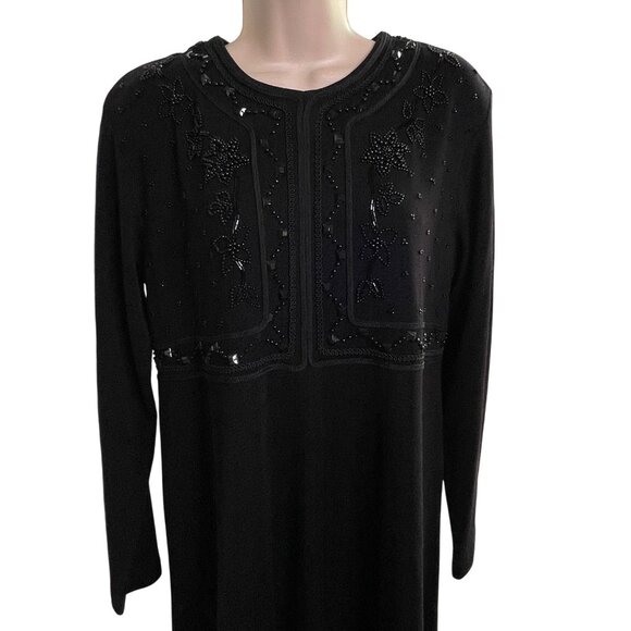 Vintage Liz Claiborne Black Beaded Sweater Dress Size Med u  Knee Length Modest - Picture 3 of 14